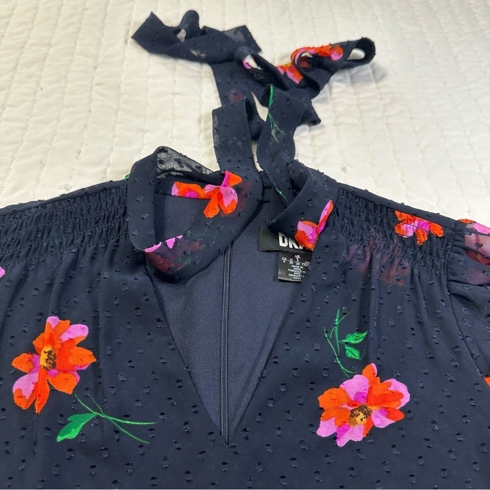 DKNY Party Floral Navy and Pink Flower Bow neck Ruffle Sheer Sleeves Mini Dress - Picture 13 of 16
